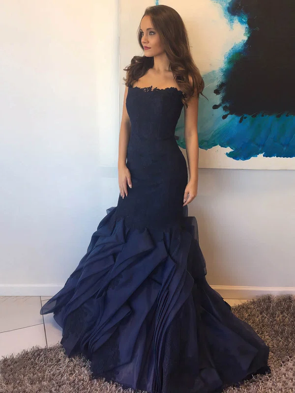 Trumpet/Mermaid Strapless Organza Sweep Train Appliques Lace Dark Navy Elegant Prom Dresses #Milly020102839