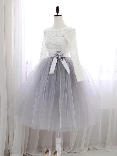 Sweet A-line Scalloped Neck Lace Tulle Knee-length Sashes / Ribbons Long Sleeve Short Prom Dresses #Milly020102849