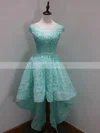 A-line Scoop Neck Lace Tulle Asymmetrical Beading Unique High Low Prom Dresses #Milly020102850