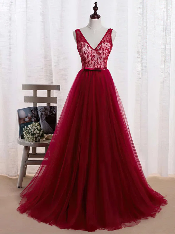 Princess V-neck Tulle Sweep Train Lace Prom Dresses #Milly020102852