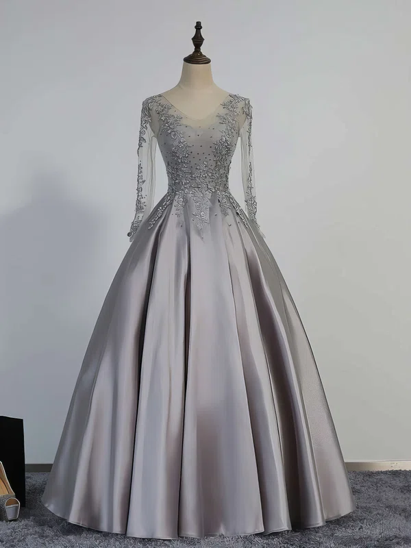 Ball Gown V-neck Satin Tulle Modest Prom Dresses With Appliques #Milly020102853