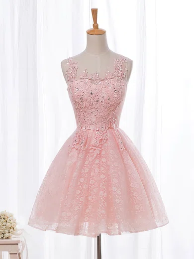 A-line Scoop Neck Lace Tulle Cut Out Prom Dresses With Beading #Milly020102854