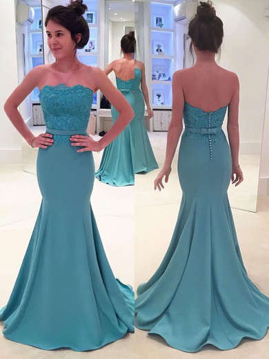 Trumpet/Mermaid Strapless Satin Sweep Train Appliques Lace Prom Dresses #Milly020102860