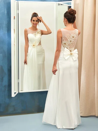 Sheath/Column Scoop Neck Tulle Silk-like Satin Floor-length Bow Prom Dresses #Milly020102864