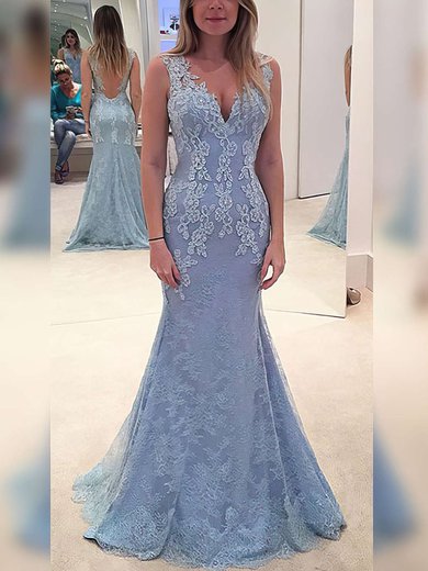 Trumpet/Mermaid V-neck Lace Sweep Train Appliques Lace Prom Dresses #Milly020102866