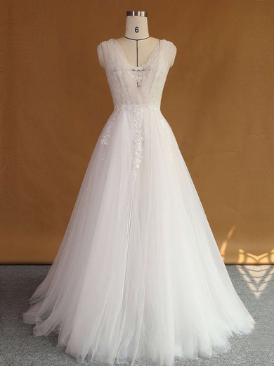 A-line V-neck Tulle Sweep Train Appliques Lace Original Backless Wedding Dresses #Milly00022707