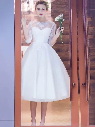 Ball Gown/Princess Illusion Tulle Tea-length Wedding Dresses With Appliques Lace #Milly00022708