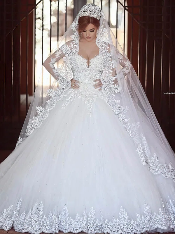 Ball Gown V-neck Tulle Chapel Train Wedding Dresses With Appliques Lace #Milly00022710