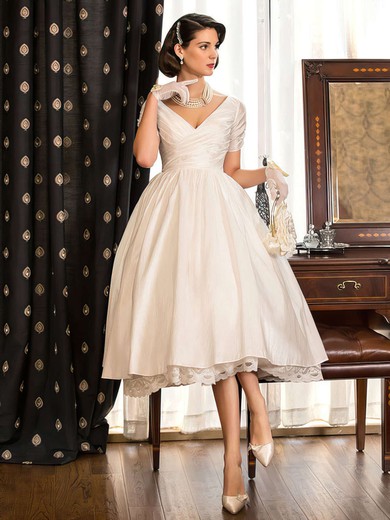 A-line V-neck Taffeta Tea-length Lace Short Sleeve Classy Wedding Dresses #Milly00022716