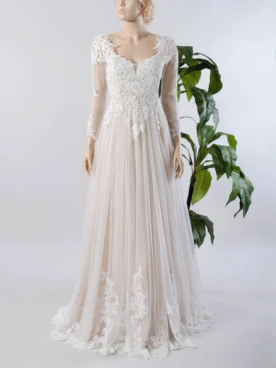 Ball Gown/Princess V-neck Tulle Sweep Train Wedding Dresses With Appliques Lace #Milly00022717