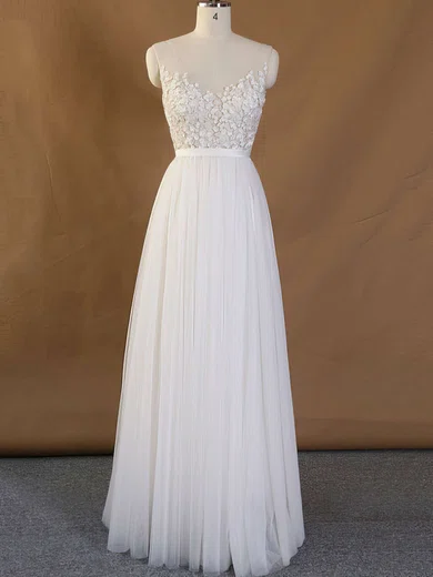 Ball Gown/Princess V-neck Tulle Floor-length Wedding Dresses With Appliques Lace #Milly00022718