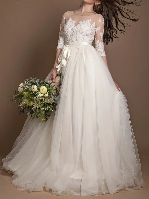 Ball Gown/Princess Illusion Tulle Floor-length Wedding Dresses With Appliques Lace #Milly00022723