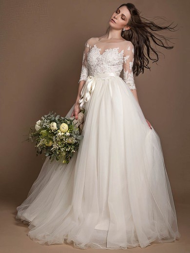 New Princess Scoop Neck Tulle Floor-length Appliques Lace 1/2 Sleeve Wedding Dresses #Milly00022723