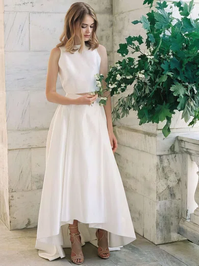 A-line Scoop Neck Satin Asymmetrical Wedding Dresses #Milly00022725