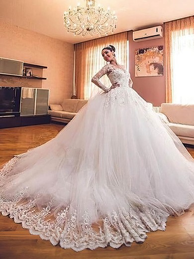 New Arrival Ball Gown Scoop Neck Tulle Chapel Train Appliques Lace Long Sleeve Wedding Dresses #Milly00022727
