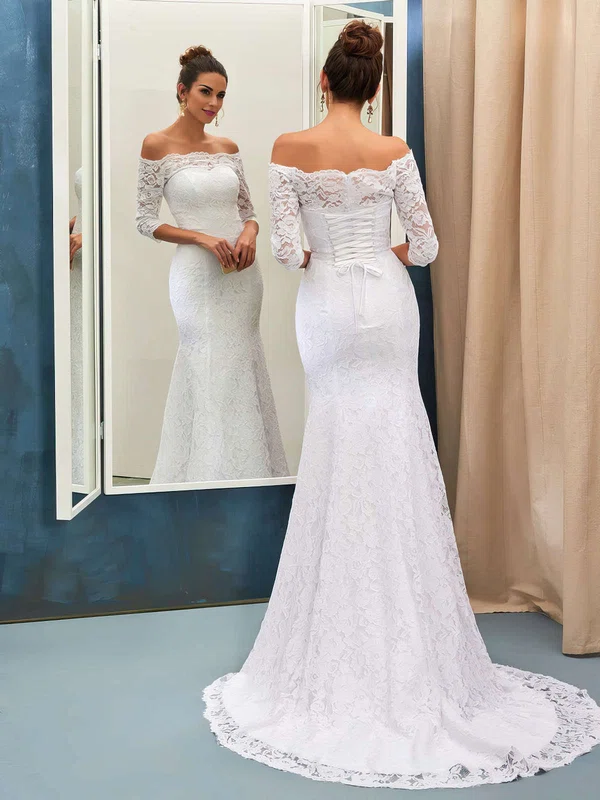 Trumpet/Mermaid Off-the-shoulder Lace Sweep Train Wedding Dresses #Milly00022733