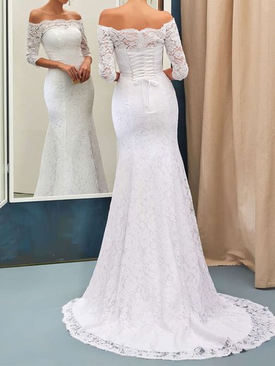 Trumpet/Mermaid Off-the-shoulder Lace Sweep Train Wedding Dresses #Milly00022733