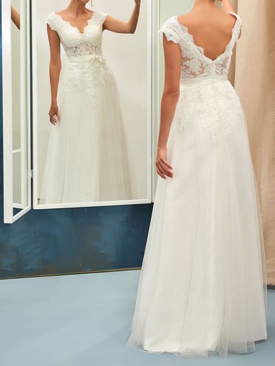 Ball Gown V-neck Tulle Floor-length Wedding Dresses With Appliques Lace #Milly00022734