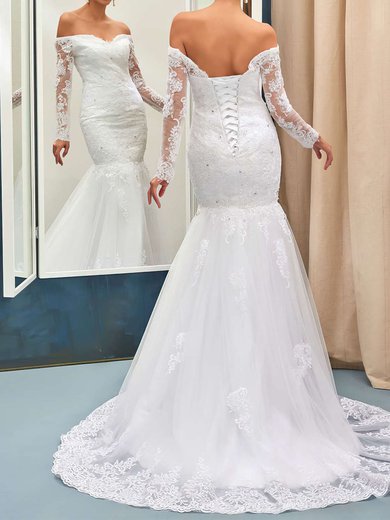 Trumpet/Mermaid Off-the-shoulder Tulle Sweep Train Wedding Dresses With Appliques Lace #Milly00022735