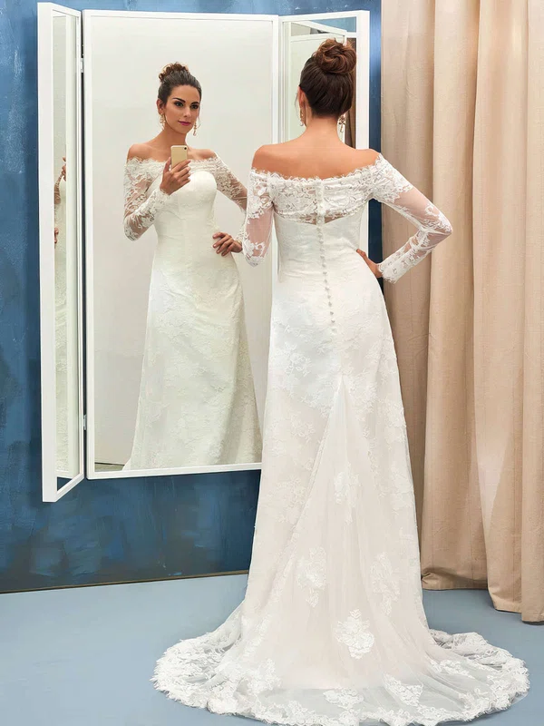 Sheath/Column Off-the-shoulder Tulle Sweep Train Wedding Dresses With Appliques Lace #Milly00022736