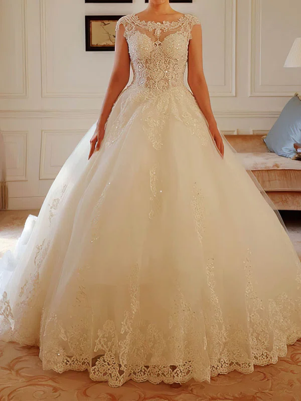 Ball Gown/Princess Illusion Tulle Chapel Train Wedding Dresses With Appliques Lace #Milly00022738