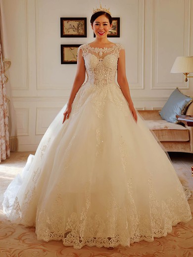 Sparkly Ball Gown Scoop Neck Tulle Chapel Train Appliques Lace Open Back Wedding Dresses #Milly00022738