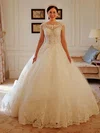 Ball Gown Illusion Tulle Chapel Train Wedding Dresses With Appliques Lace #Milly00022738