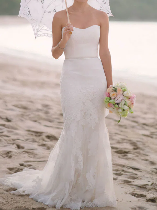 Trumpet/Mermaid Sweetheart Tulle Sweep Train Wedding Dresses With Appliques Lace #Milly00022742