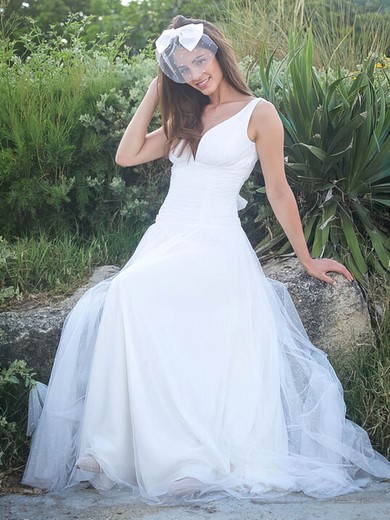 A-line V-neck Tulle Sweep Train Ruffles Backless Simple Wedding Dresses #Milly00022750