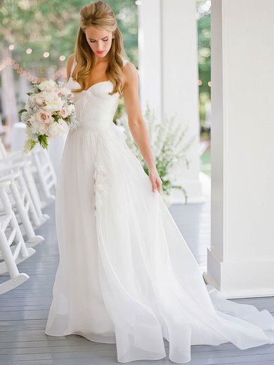 A-line Sweetheart Chiffon Sweep Train Ruffles Beautiful Wedding Dresses #Milly00022752