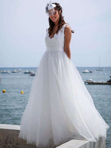 Cheap A-line V-neck Tulle Floor-length Sashes / Ribbons Backless Wedding Dresses #Milly00022753