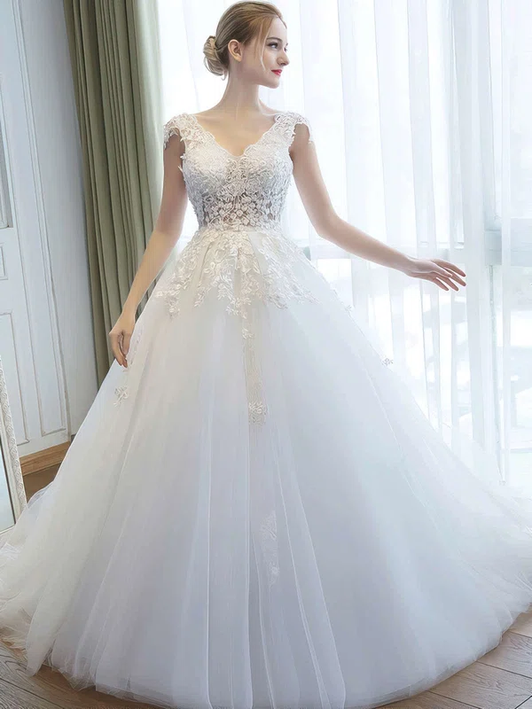 Ball Gown V-neck Tulle Court Train Wedding Dresses With Appliques Lace #Milly00022757