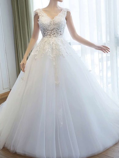 Ball Gown V-neck Tulle Court Train Wedding Dresses With Appliques Lace #Milly00022757