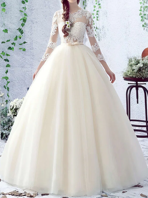 Ball Gown Illusion Tulle Floor-length Wedding Dresses With Appliques Lace #Milly00022758