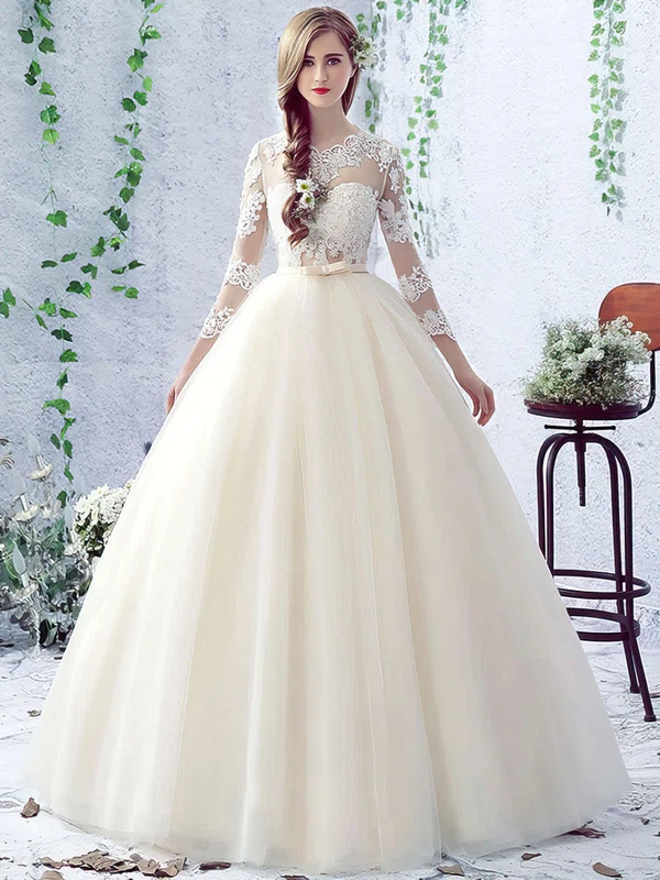 Ball Gown Illusion Tulle Floor-length Wedding Dresses With Appliques Lace #Milly00022758