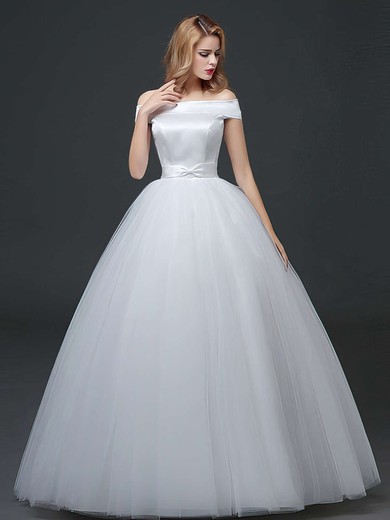 Ball Gown Off-the-shoulder Satin Tulle Floor-length Sashes / Ribbons Lace-up Elegant Wedding Dresses #Milly00022760