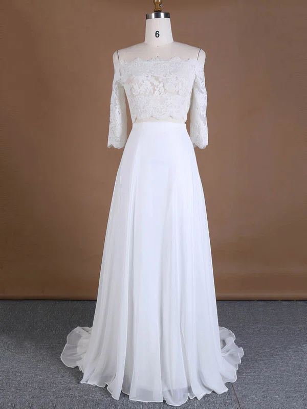 A-line Off-the-shoulder Chiffon Sweep Train Wedding Dresses With Appliques Lace #Milly00022762
