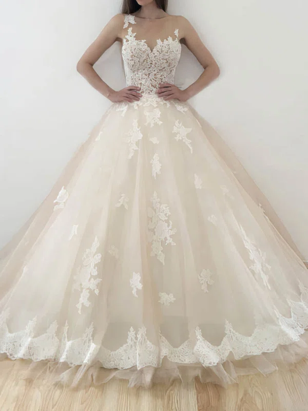 Ball Gown/Princess Illusion Tulle Court Train Wedding Dresses With Appliques Lace #Milly00022773