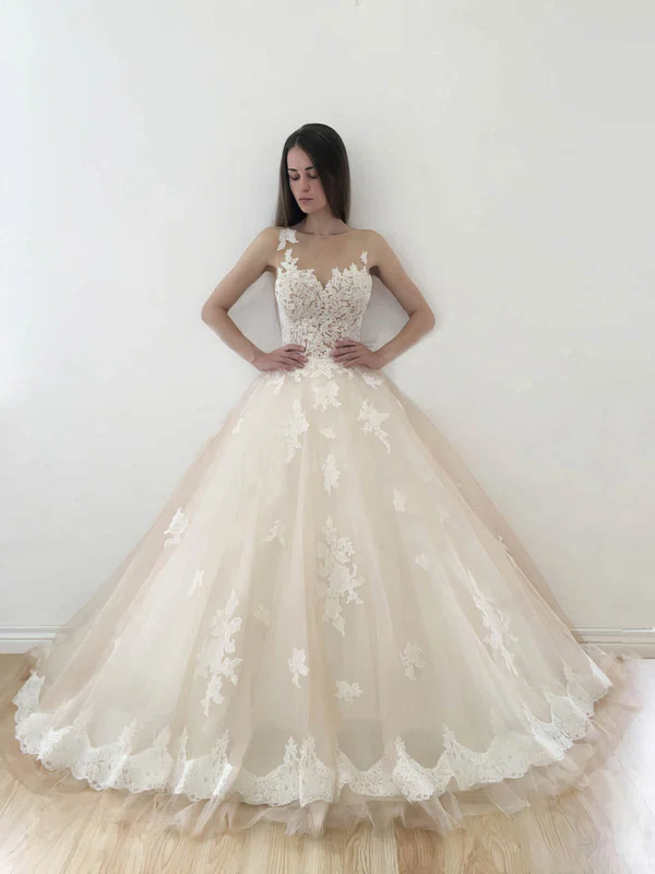 Ball Gown Illusion Tulle Court Train Wedding Dresses With Appliques Lace #Milly00022773