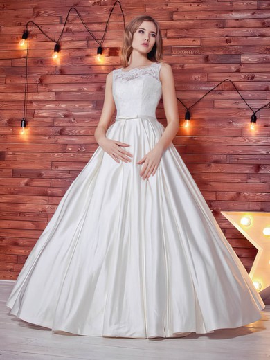 Ball Gown Scoop Neck Satin Lace Floor-length Sashes / Ribbons Noble Wedding Dresses #Milly00022784