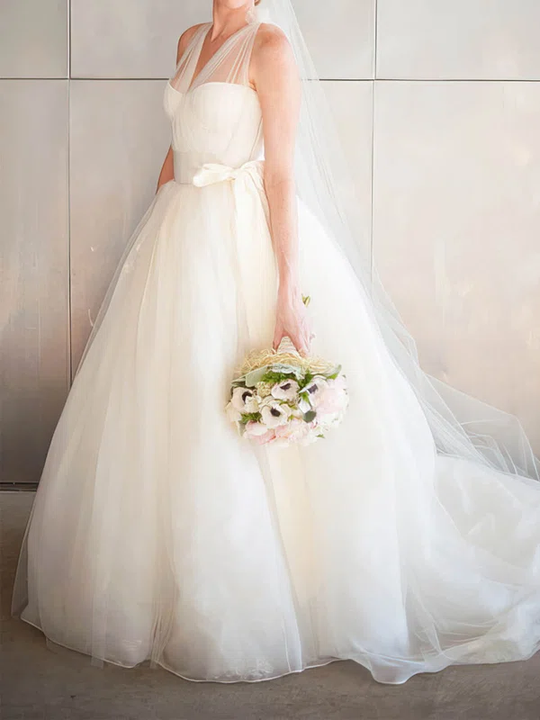 Ball Gown/Princess Halter Tulle Sweep Train Wedding Dresses With Sashes / Ribbons #Milly00022786