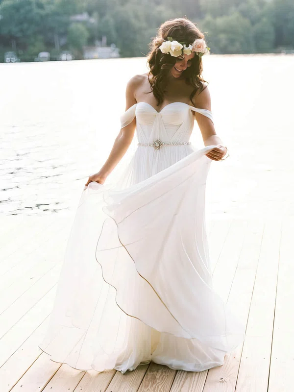 A-line Off-the-shoulder Chiffon Floor-length Wedding Dresses With Sashes / Ribbons #Milly00022791