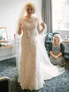 Fashion Sheath/Column Scoop Neck Tulle Sweep Train Appliques Lace 1/2 Sleeve Wedding Dresses #Milly00022793