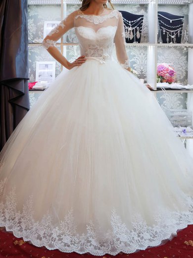 Ball Gown/Princess Illusion Tulle Floor-length Wedding Dresses With Appliques Lace #Milly00022795