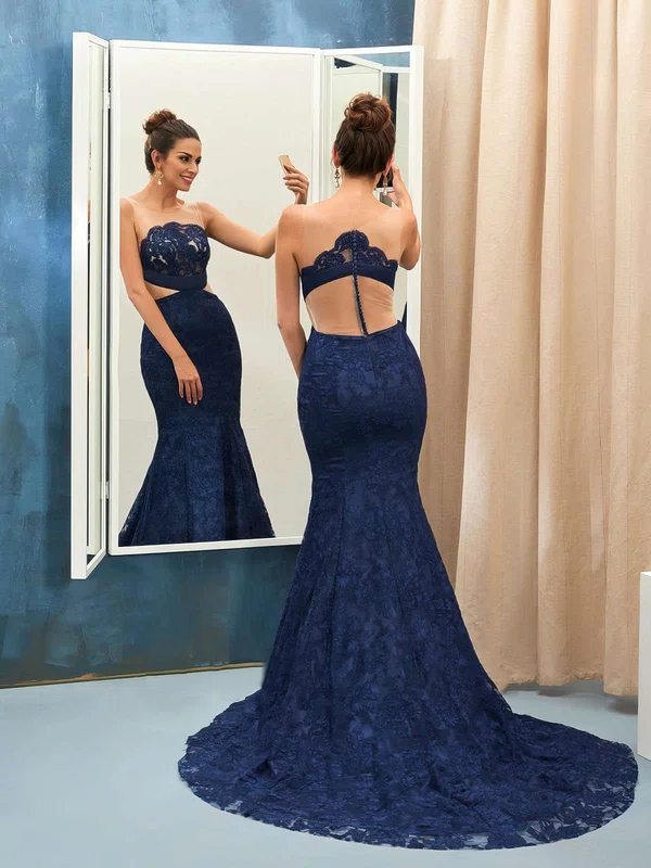 Trumpet/Mermaid Scoop Neck Lace Court Train Appliques Lace Prom Dresses #Milly020102867