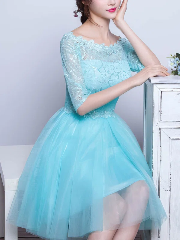 Pretty A-line Scoop Neck Lace Tulle Short/Mini Beading 1/2 Sleeve Short Prom Dresses #Milly020102871