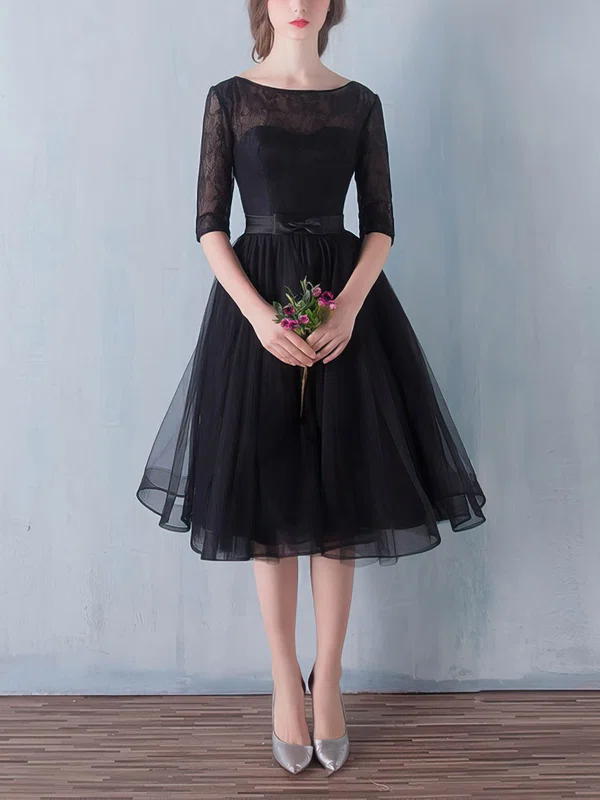 Black A-line Scoop Neck Lace Tulle Knee-length Sashes / Ribbons 1/2 Sleeve Simple Short Prom Dresses #Milly020102872