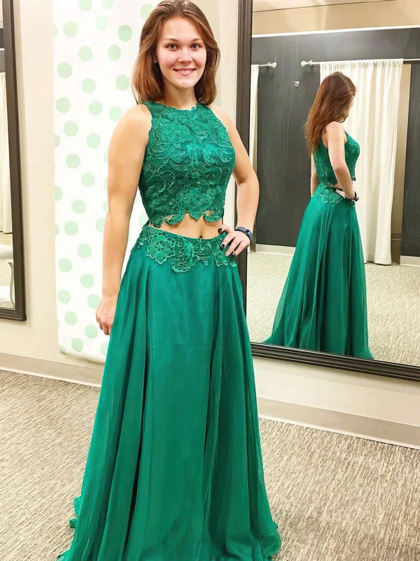A-line Scoop Neck Chiffon Floor-length Appliques Lace Prom Dresses #Milly020102874