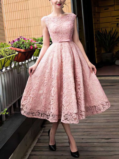 A-line Scoop Neck Lace Tea-length Sashes / Ribbons Short Prom Dresses #Milly020102877