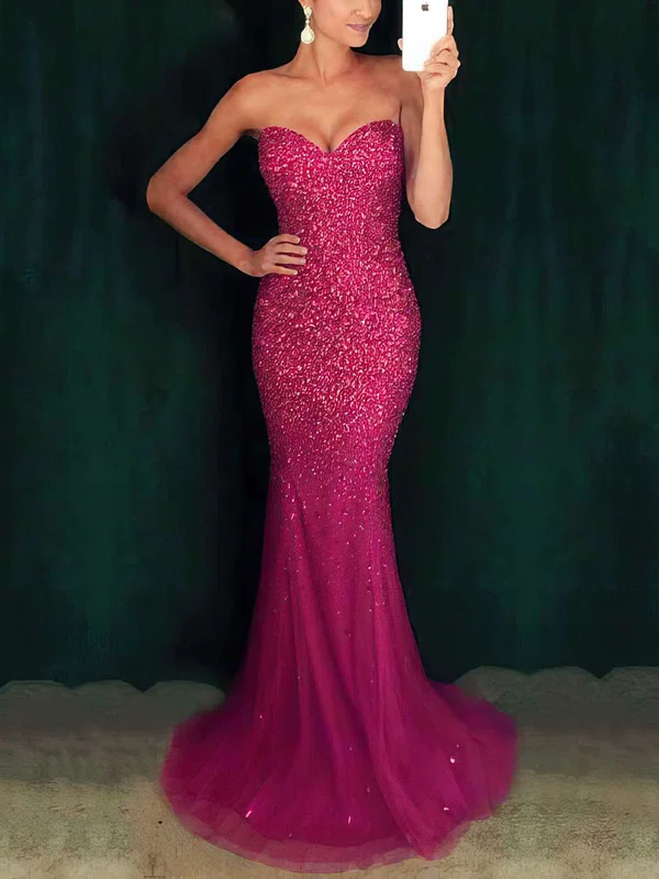 Trumpet/Mermaid Sweetheart Tulle Sweep Train Beading Prom Dresses #Milly020102878